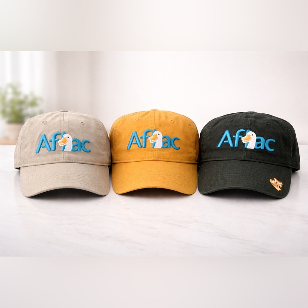 Aflac Duck Logo Adjustable Baseball Hats Lot of 3 Caps Beige Yellow Navy Blue